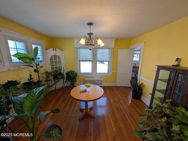 619 Leland Ave, Plainfield, NJ 07062 - dining space featuring a chandelier, radiator heating unit, plenty of natural light, and wood finished floors