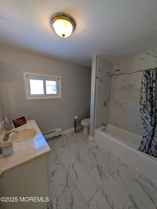 619 Leland Ave, Plainfield, NJ 07062 - bathroom featuring a baseboard radiator, toilet, shower / tub combo, vanity, and marble finish floors
