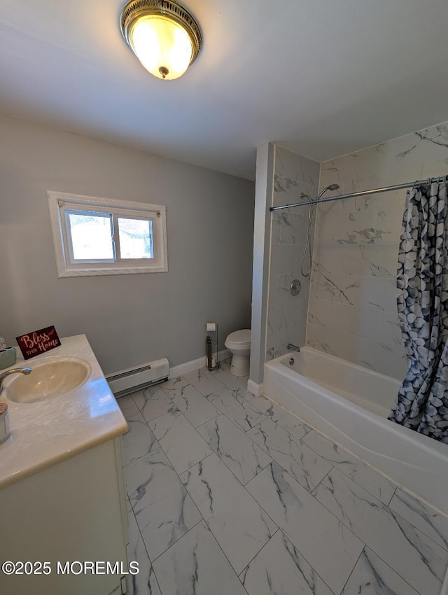 619 Leland Ave, Plainfield, NJ 07062 - bathroom with a baseboard heating unit, toilet, vanity, shower / tub combo, and marble look tile flooring