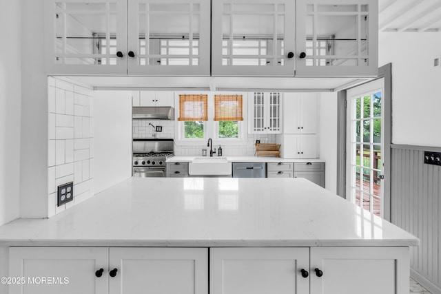 208 Cedar St, Lakehurst, NJ 08733 - kitchen featuring stainless steel appliances, under cabinet range hood, a sink, white cabinets, and backsplash
