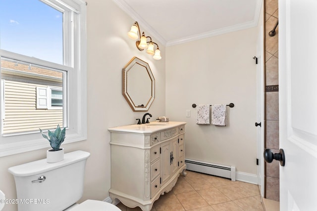 40 Prince Charles Dr, Toms River, NJ 08757 - bathroom featuring baseboard heating, toilet, vanity, tile patterned flooring, and ornamental molding
