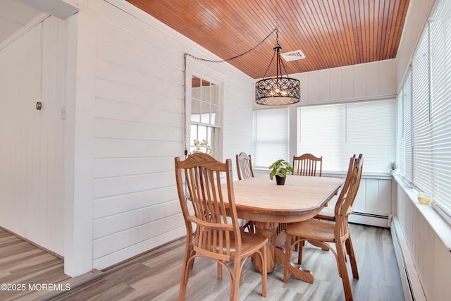 112 Bash Rd, Toms River, NJ 08753 - dining space featuring wooden ceiling, wood finished floors, baseboard heating, a chandelier, and wooden walls