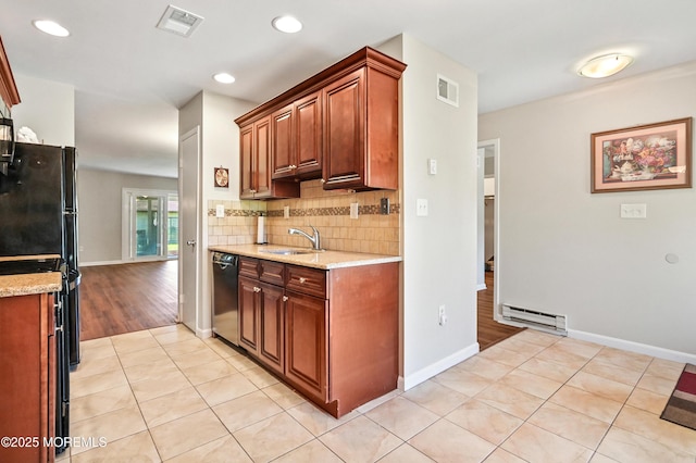 47 Wild Turkey Way Unit E, Manalapan, NJ 07726 - kitchen with dishwasher, a baseboard heating unit, light tile patterned floors, a sink, and tasteful backsplash
