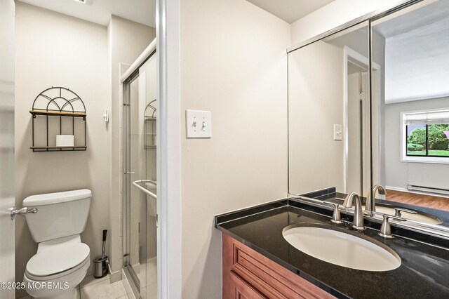 47 Wild Turkey Way Unit E, Manalapan, NJ 07726 - bathroom featuring toilet, a shower stall, vanity, baseboard heating, and tile patterned flooring