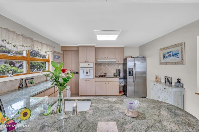 773 Princeton Ave, Brick, NJ 08724 - kitchen with stainless steel fridge with ice dispenser, oven, under cabinet range hood, black electric cooktop, and decorative backsplash