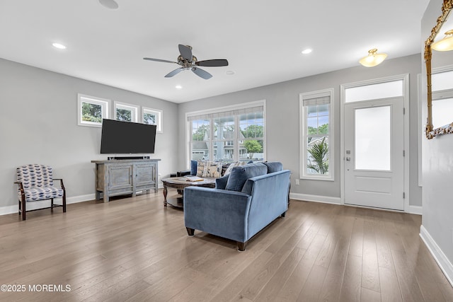 24 Woodview Ln, Cape May Court House, NJ 08210 - living room featuring baseboards, a ceiling fan, recessed lighting, and hardwood / wood-style floors