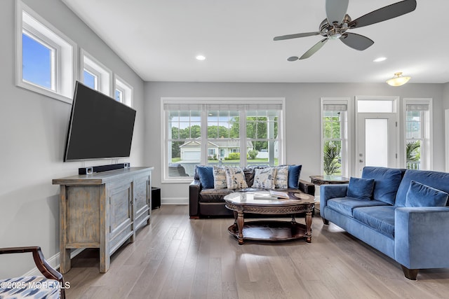 24 Woodview Ln, Cape May Court House, NJ 08210 - living area featuring recessed lighting, light wood-style flooring, baseboards, and a ceiling fan