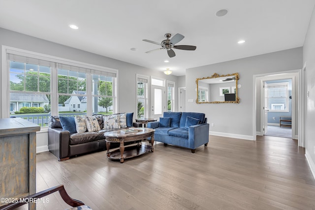 24 Woodview Ln, Cape May Court House, NJ 08210 - living area featuring ceiling fan, healthy amount of natural light, wood-type flooring, baseboards, and recessed lighting