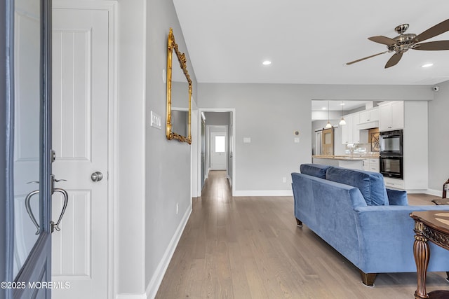 24 Woodview Ln, Cape May Court House, NJ 08210 - living room with a ceiling fan, light wood-style flooring, baseboards, and recessed lighting