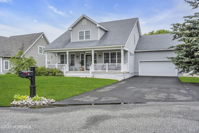 24 Woodview Ln, Cape May Court House, NJ 08210 - view of front of property with a porch, roof with shingles, asphalt driveway, a front yard, and an attached garage