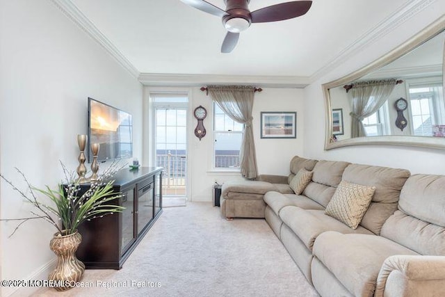 700 Ocean Ave Unit 514, Spring Lake, NJ 07762 - carpeted living area featuring ornamental molding, a ceiling fan, and baseboards