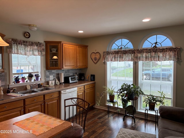 9 Pine Grove Ave, Manahawkin, NJ 08050 - kitchen featuring dishwasher, a sink, dark wood-style flooring, glass insert cabinets, and recessed lighting