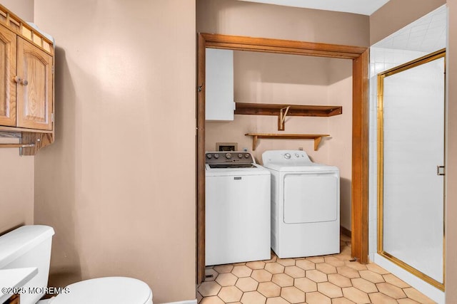 14 Emerald Dr Unit B, Barnegat, NJ 08005 - full bathroom with washing machine and clothes dryer, toilet, a shower stall, and baseboards