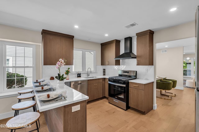 28 Twyford Ln, Manchester, NJ 08759 - kitchen with stainless steel appliances, wall chimney range hood, a sink, light wood-type flooring, and a peninsula