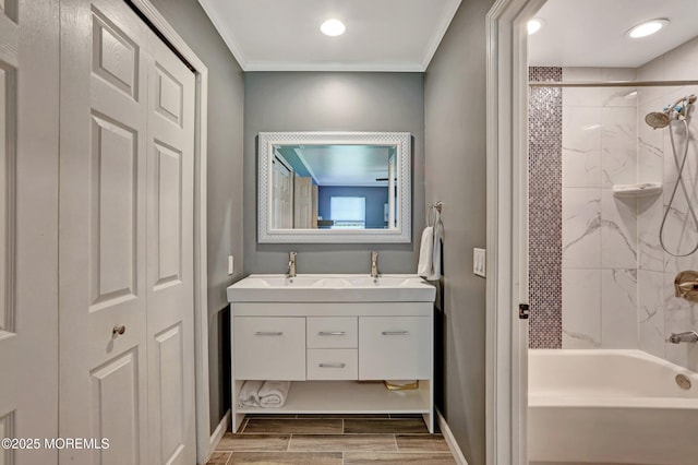 22 Commons Dr, Neptune Township, NJ 07753 - full bath featuring wood finish floors, shower / bath combination, double vanity, baseboards, and crown molding