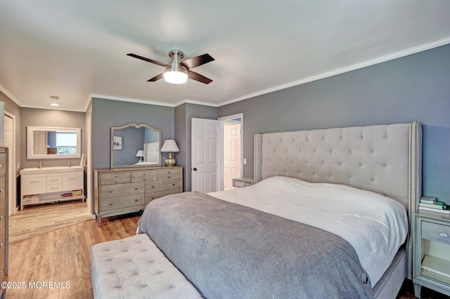22 Commons Dr, Neptune Township, NJ 07753 - bedroom featuring wood finished floors, crown molding, connected bathroom, and ceiling fan