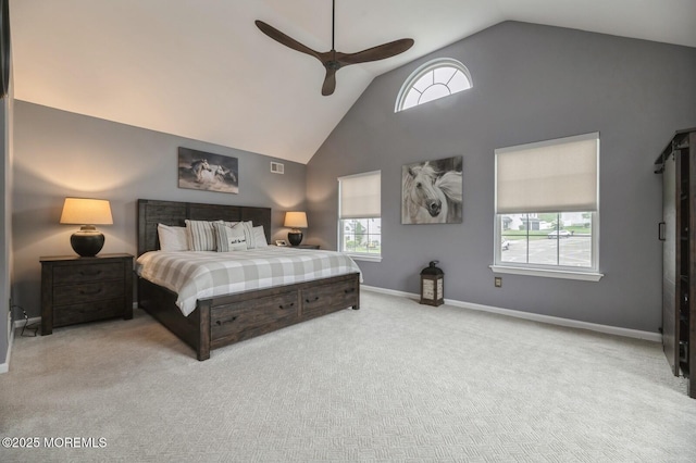 30 Thousand Oaks Ter, Howell, NJ 07731 - carpeted bedroom with multiple windows, high vaulted ceiling, baseboards, and ceiling fan