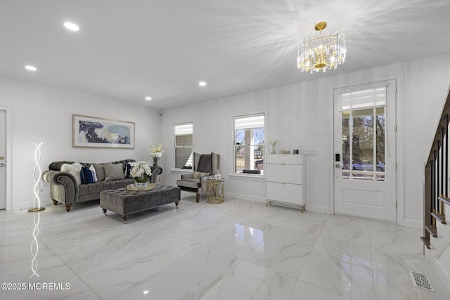 11 Clay St, West Long Branch, NJ 07764 - living area featuring a chandelier, recessed lighting, stairway, and baseboards