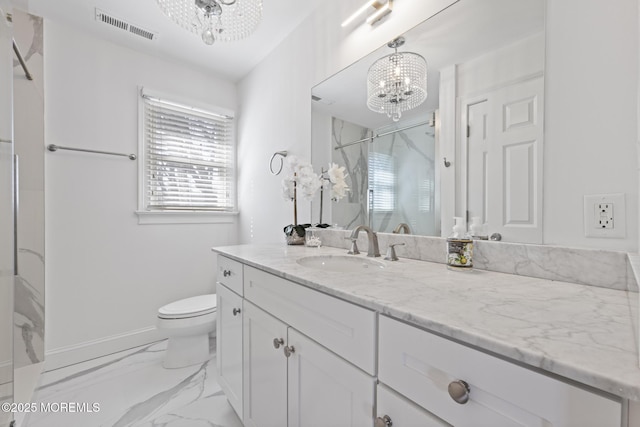 11 Clay St, West Long Branch, NJ 07764 - bathroom featuring a chandelier, a marble finish shower, toilet, marble finish floors, and vanity