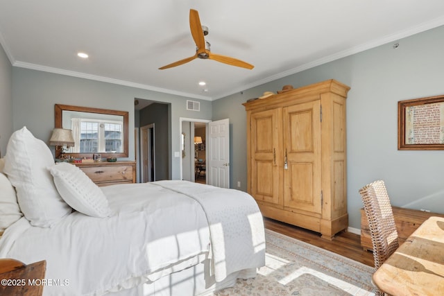 33 Cooper Ave Unit 401, Long Branch, NJ 07740 - bedroom with light wood finished floors, crown molding, recessed lighting, and a ceiling fan