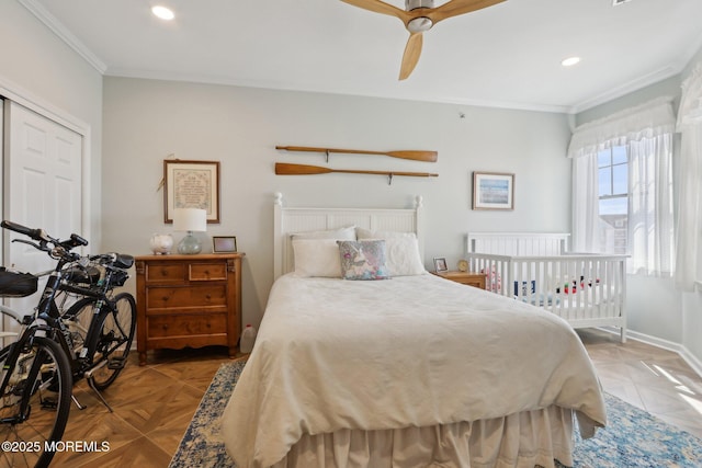 33 Cooper Ave Unit 401, Long Branch, NJ 07740 - bedroom with ornamental molding, recessed lighting, and ceiling fan