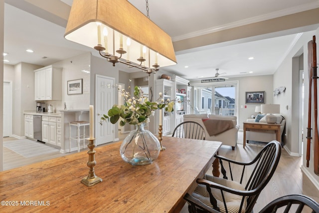 33 Cooper Ave Unit 401, Long Branch, NJ 07740 - dining area featuring ceiling fan, light wood-style floors, baseboards, ornamental molding, and recessed lighting