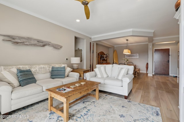 33 Cooper Ave Unit 401, Long Branch, NJ 07740 - living room featuring ornamental molding, light wood-style floors, ceiling fan, baseboards, and recessed lighting