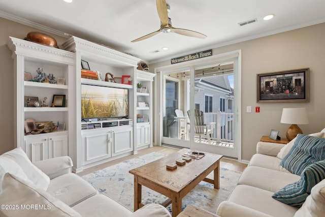 33 Cooper Ave Unit 401, Long Branch, NJ 07740 - living area with light wood-style floors, a ceiling fan, recessed lighting, and ornamental molding