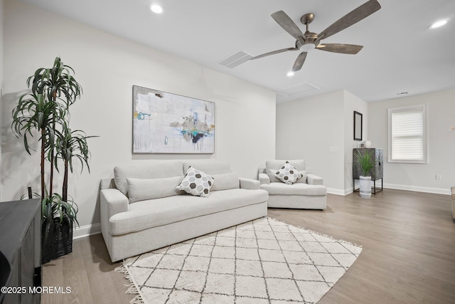 115 Hedgerow Ln, Manalapan, NJ 07726 - living room featuring wood finished floors, ceiling fan, baseboards, and recessed lighting