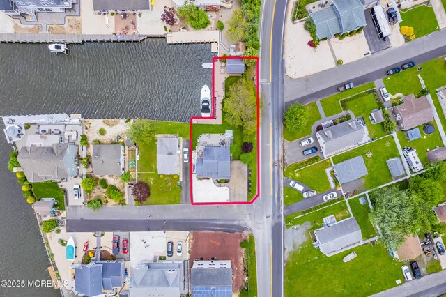 1007 Aloha Dr, Forked River, NJ 08731 - aerial perspective of suburban area featuring a nearby body of water and property parcel outlined