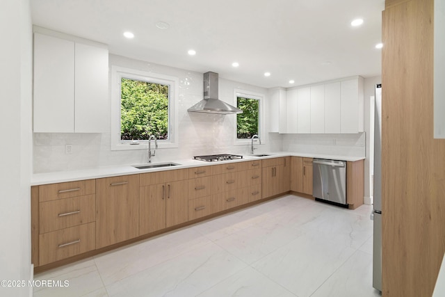 10 Pepperidge Rd, Howell, NJ 07731 - kitchen featuring wall chimney range hood, a sink, stainless steel appliances, backsplash, and recessed lighting