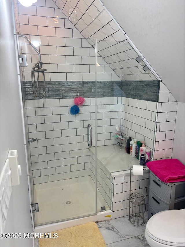 231 Friendship Rd, Howell, NJ 07731 - bathroom featuring a shower stall, toilet, and marble finish floors