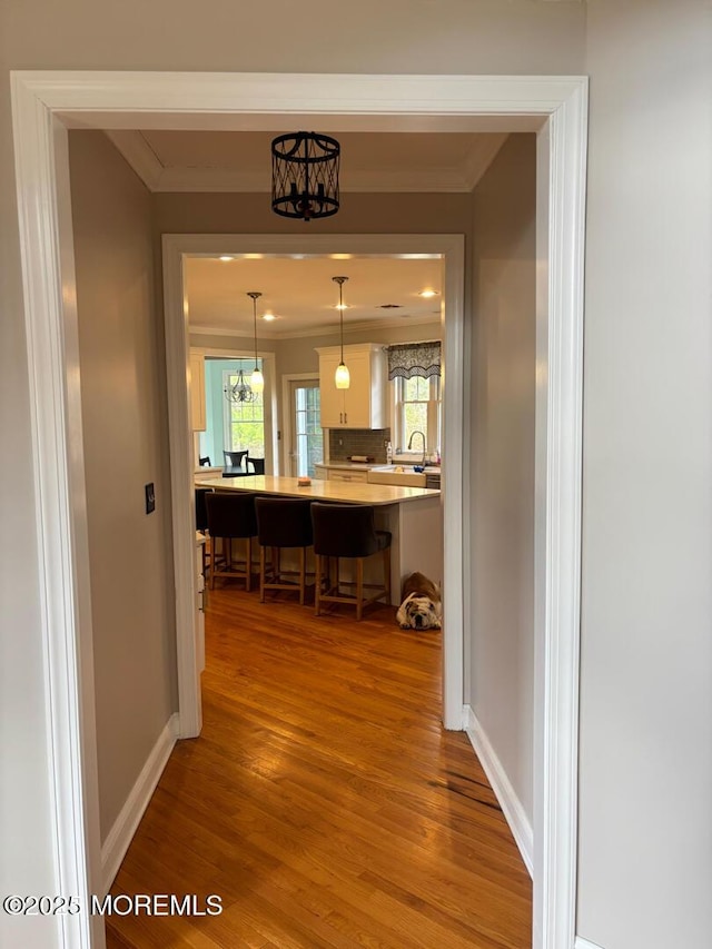 231 Friendship Rd, Howell, NJ 07731 - kitchen featuring a breakfast bar, light wood-type flooring, ornamental molding, light countertops, and white cabinetry