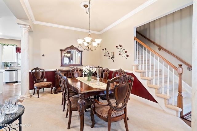83 Brigantine Blvd, Waretown, NJ 08758 - dining space featuring light colored carpet, ornamental molding, ornate columns, a chandelier, and stairway