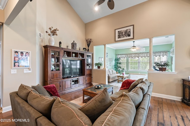 83 Brigantine Blvd, Waretown, NJ 08758 - living room featuring ceiling fan, decorative columns, high vaulted ceiling, baseboards, and wood-type flooring