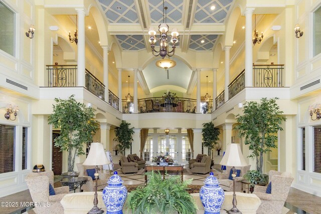 83 Brigantine Blvd, Waretown, NJ 08758 - lobby with a high ceiling, coffered ceiling, beamed ceiling, and crown molding