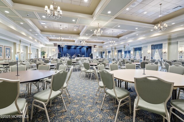 83 Brigantine Blvd, Waretown, NJ 08758 - dining area featuring a chandelier, crown molding, carpet floors, and coffered ceiling