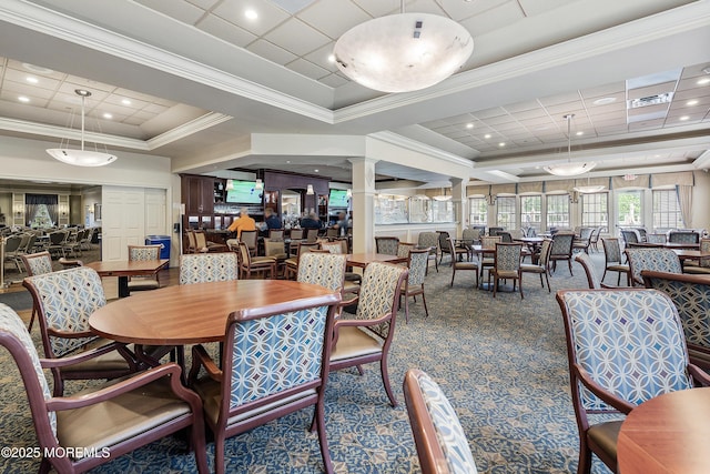 83 Brigantine Blvd, Waretown, NJ 08758 - carpeted dining space with a raised ceiling, ornamental molding, and decorative columns