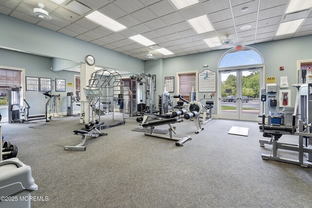 83 Brigantine Blvd, Waretown, NJ 08758 - gym featuring french doors, a drop ceiling, carpet floors, and a high ceiling