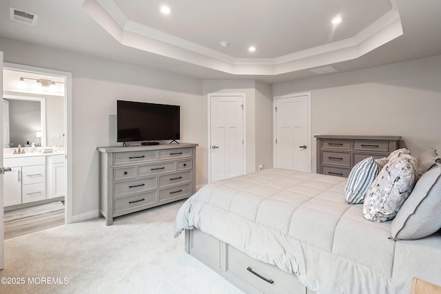 1915 Switzer Ave Unit 1915, Parlin, NJ 08859 - bedroom featuring a raised ceiling, light carpet, ensuite bath, baseboards, and recessed lighting