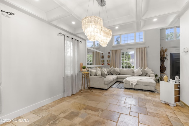 17 Meadow Run Ct, Jackson, NJ 08527 - living area with coffered ceiling, a chandelier, recessed lighting, stone tile floors, and baseboards