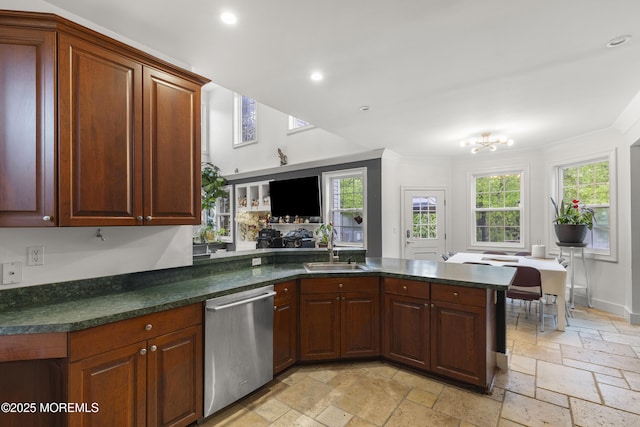 17 Meadow Run Ct, Jackson, NJ 08527 - kitchen featuring dishwasher, stone tile floors, dark countertops, a sink, and a peninsula
