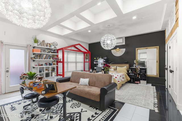 17 Meadow Run Ct, Jackson, NJ 08527 - bedroom with a chandelier, coffered ceiling, recessed lighting, tile patterned flooring, and beam ceiling