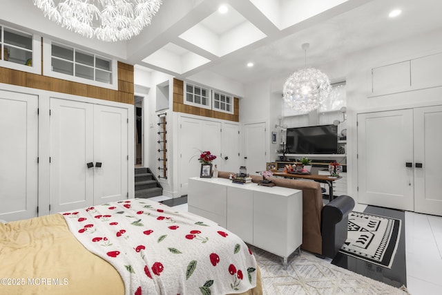 17 Meadow Run Ct, Jackson, NJ 08527 - bedroom featuring a chandelier, recessed lighting, beamed ceiling, and light tile patterned floors