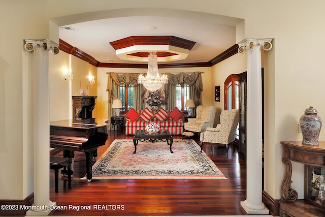 211 Cedar Ave, Long Branch, NJ 07740 - living room with a chandelier, ornamental molding, wood finished floors, ornate columns, and a raised ceiling