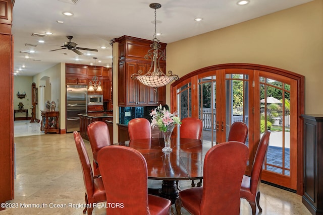 211 Cedar Ave, Long Branch, NJ 07740 - dining area with arched walkways, french doors, recessed lighting, and a ceiling fan