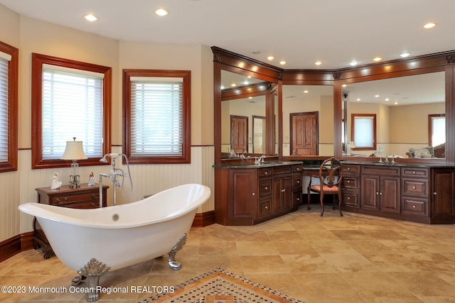 211 Cedar Ave, Long Branch, NJ 07740 - full bathroom with wainscoting, a freestanding tub, vanity, and recessed lighting