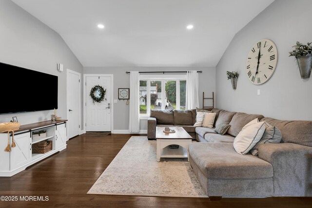 469 E Rd, Belford, NJ 07718 - living area featuring lofted ceiling, dark wood finished floors, and recessed lighting