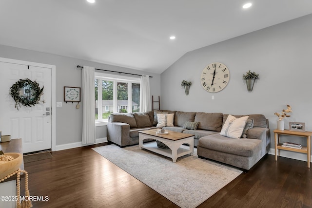 469 E Rd, Belford, NJ 07718 - living room featuring lofted ceiling, dark wood-style flooring, recessed lighting, and baseboards