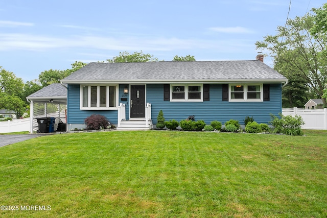 469 E Rd, Belford, NJ 07718 - view of front of house featuring a chimney, roof with shingles, asphalt driveway, and a carport